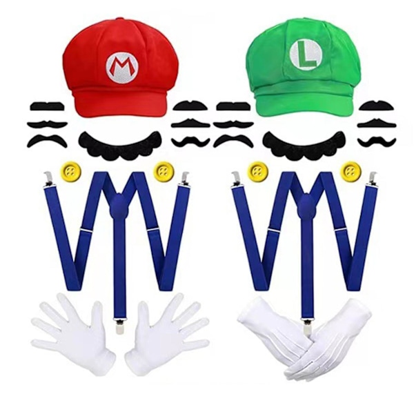 Super Mario Bros Cosplay-tarvikkeet Kupoli-puuvillahatut, hanskat, viikset ja haalari Halloween-juhliin Cosplay-rekvisiitta Red Hat   Green Hat