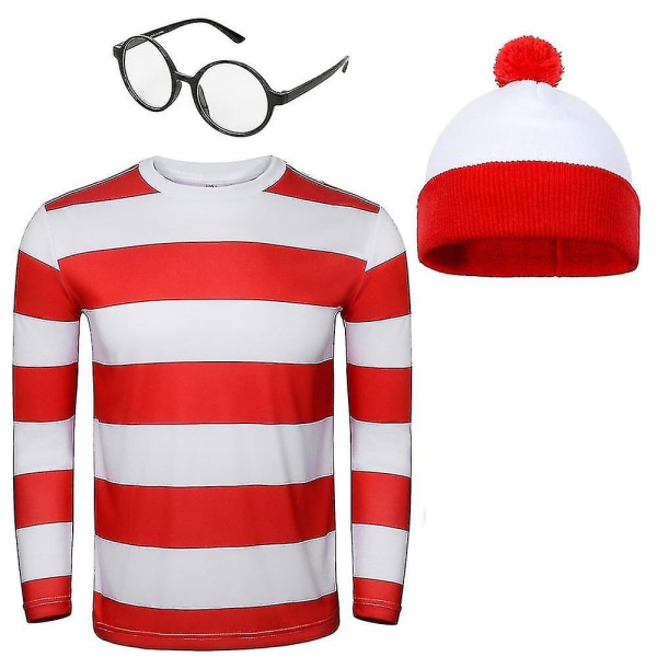 Wally Cosplay -asu aikuisille Waldo Punainen Valkoinen Raidallinen T-paita Lasit Hattu Pukusetti Joulu Cosplay -asu Joululahjat Whole Set XL