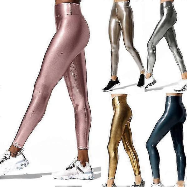 Damleggings i metalliskt tyg, hög midja, glänsande byxor silver silver L