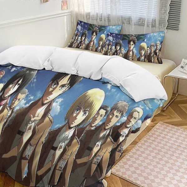 v1026 Attack On Titan Täcke Set Tjockt Mjukt 3 Delars Sängklädesset Året Runt Täcke med 2 Örngott för Vuxna Kvinnor Flickor Tonåringar Hem Rum Deco 135x200cm 53x78in