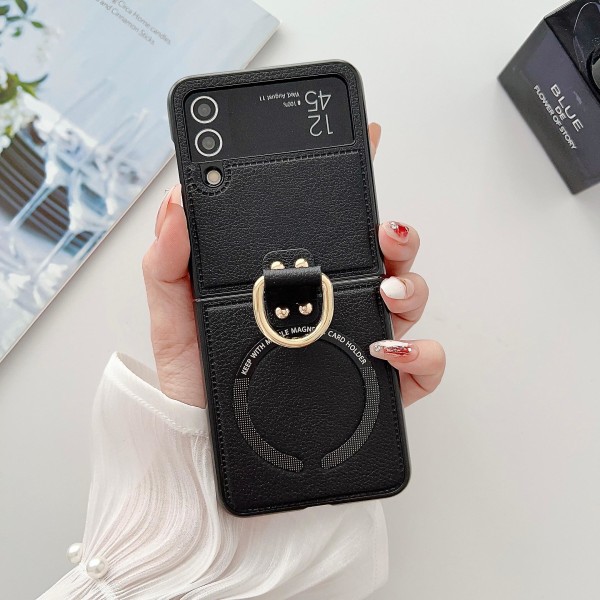 Magneettinen Pu- case , yhteensopiva Samsung Galaxy Z Flip 5 Magsafe langattomaan lataukseen sormustelineellä Black