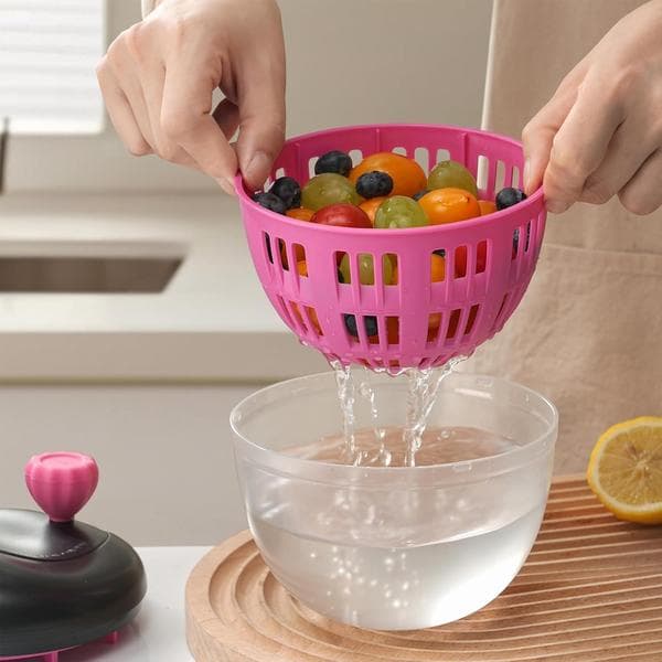 Black & Pink Fruit Washing Container with Lid & 360° Rotating Handle - Berry Strainer, Colander & Refrigerator Storage Bowl for Kitchen