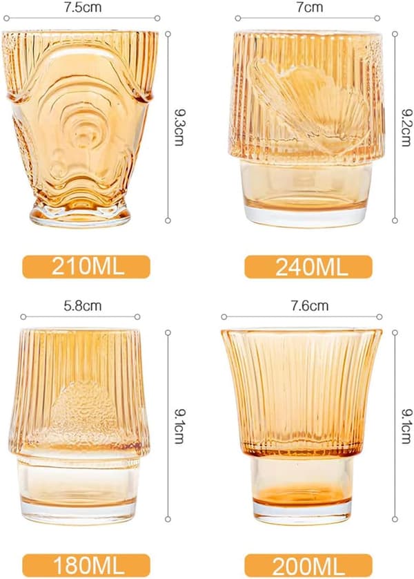 Sæt med 4 sammenklappelige glaskopper, karpemønster, til vand, drinks, te, kaffe osv. (Guld)