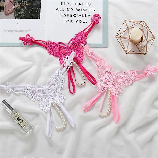 Naisten avoimet haara-alushousut seksikkäät helmi-thongit läpinäkyvät perhonen eroottinen alusvaate G-string haara-alushousut Red One Size