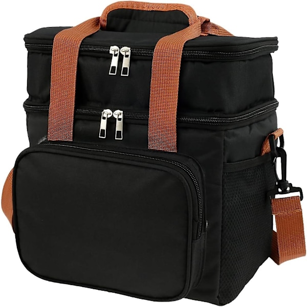Isoleret mad køletaske dobbelt frokosttaske skuldertaske 27,5X25X18Cmfor egnet til rejser, strandcamping og fiskeri (sort)