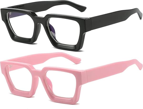 Firkantede tykke stelbriller til kvinder og mænd, mode blålysbriller, trendy smarte computerbriller (sort + pink)