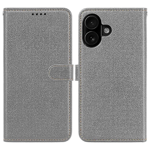 Lærveske med Litchi-tekstur for iPhone 16 Plus, lommebok, RFID-blokkering, telefondeksel - Multicolor Grey