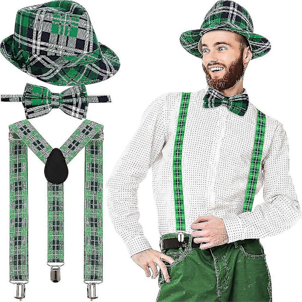 3 st St Patrick's Day hatt grönrutig tyg Fedora hatt fluga och hängslen St Patrick's Day kostymer tillbehör
