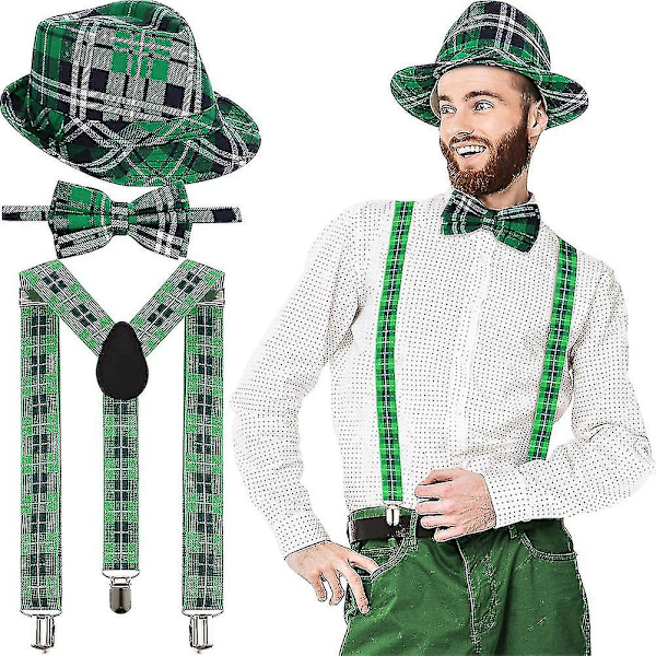 3pcs St Patrick's Day Hat Green Checked Fabric Fedora Hat Bow Tie And Braces St Patrick S' Day Costumes Accessories