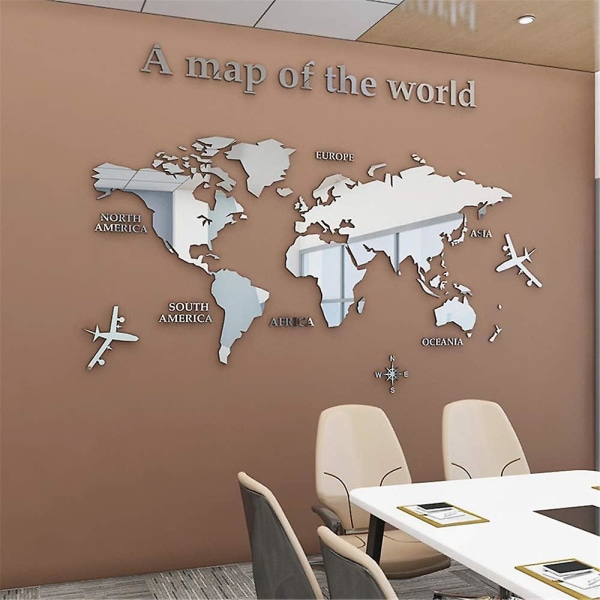 Silver 3d världskarta väggdekal Kontorsskrivbord Vardagsrum Soffa Bakgrund Tapet 3d väggdekor dekoration