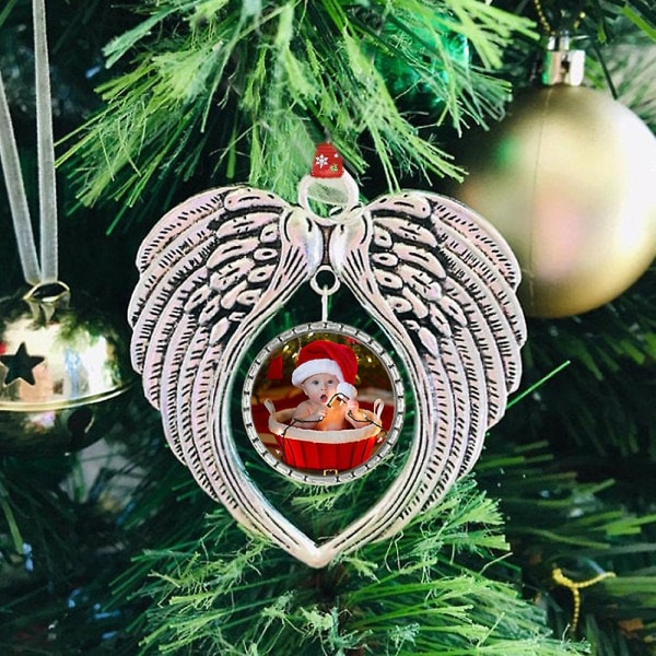 Christmas Memorial Angel Wing Fotoram Xmas Tree Hängande Gör-det-själv-bild Festliga prydnader Hemdekoration Present Silver