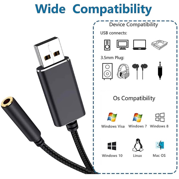 Usb lydadapter, usb til 3,5 mm lydstikadapter, usb eksternt lydkort lydadapter med 3,5 mm hovedtelefon- og mikrofonstik (sort/20 cm)