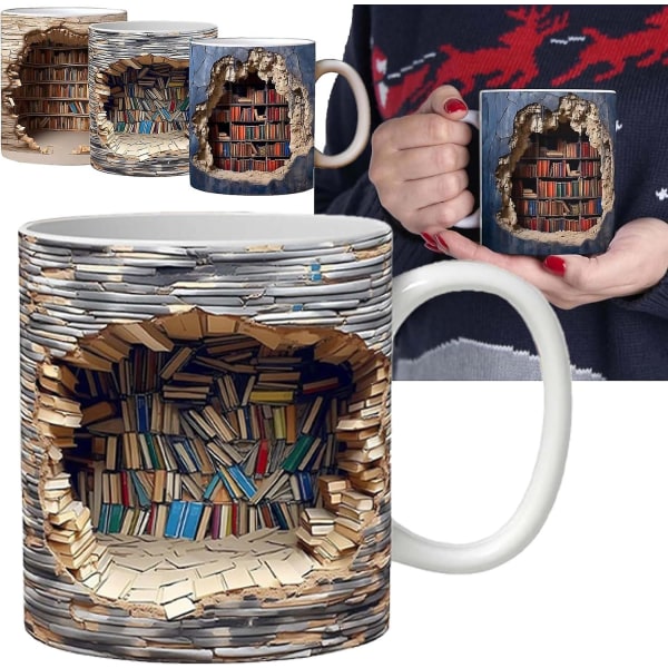 3d bogreol krus, 3d effekt bog krus, kreativt rum design multi-formål keramik krus, kaffe krus gave til bog elskere C