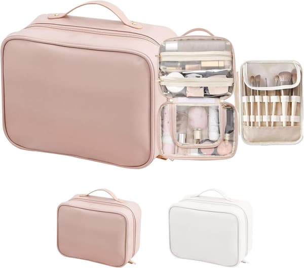 Makeup Travel Case, Makeup Organizer with Multiple Compartments, Toiletry Bag, Pink