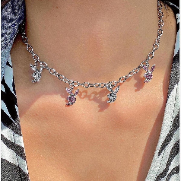 Shxx Halsband i Rostfritt Stål med Strass Playboy Kanin Hänge Punk Kedja Choker för Kvinnor Xq-bs134