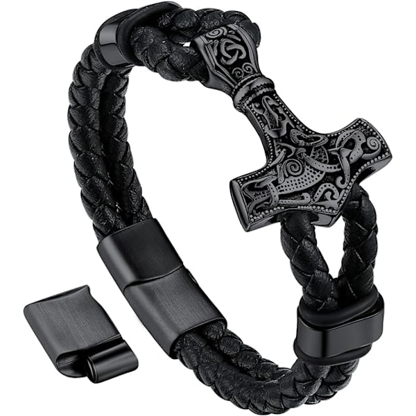 Svart läderarmband för män med flätad handled och hänge Thors hammare/skalle/frimurarsymbol vaxrep armband med justerbart magnetlås