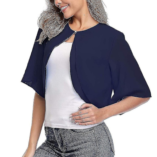 Kvinnors korta kofta Chiffon topp öppen framsida Bolero Shrug kortärmad Crop Tops Navy Blue S