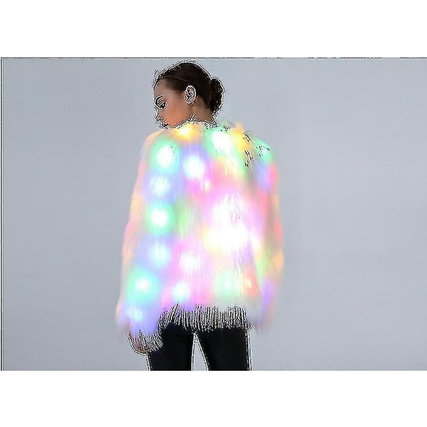 Led pälsrock för kvinnor Rainbow Sparkly Light Up Jacka Vit Furry Rave Costume L (ruigou)
