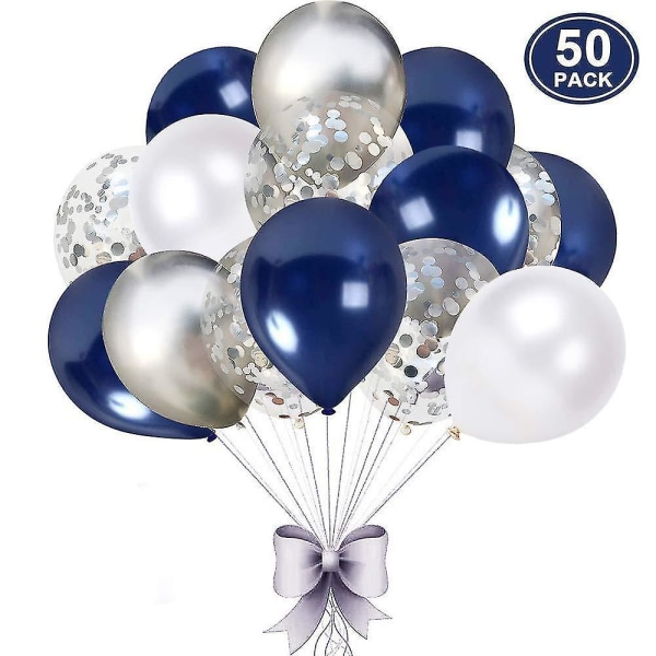 Hvid blå sølv ballon, 50 stykker 12 tommer marineblå ballon, sølv konfetti ballon, hvid silve