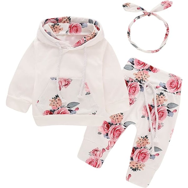 Nyfödd bebis långärmad blommig huvtröja toppar + byxor kläder outfits 80 White