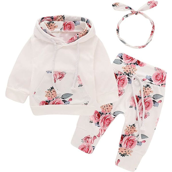 Nyfødt baby langærmet floral hættetrøje toppe + bukser tøj outfits 80 White