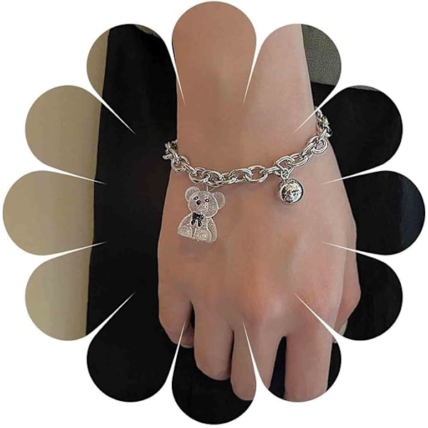 Punk Bear Bell Armband Silver Tjock Kedja Handkedja Klocka Hänge Handsele Söt Akryl Björnhänge handledskedja Statement Present