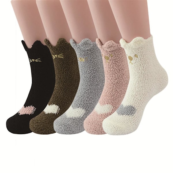 5 Pairs Pilou Socks, Fleece Sock Women Cat Socks Slippers Socks For Girls