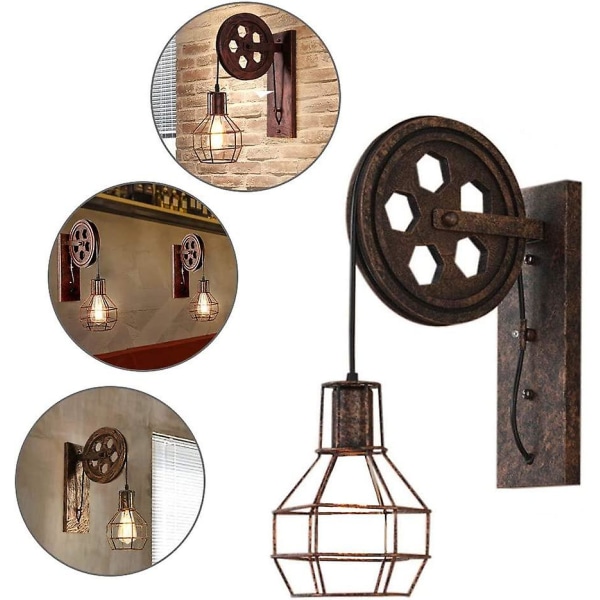 Retro LED-vägglampa i järn, kreativ loft-vägglampa i järn med remskiva, järnvägglykta för heminredning i matsalen (glödlampa ingår ej)