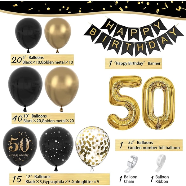 Dekoration med ballonger för födelsedagsfest, ballonggirlang, svart och guld, bakgrund för födelsedagsfest, bröllop 50 years