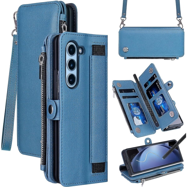 Dragkedja Case Kompatibel Samsung Galaxy Z Fold 5, Magnetic Flip Case med S Pen-hållare, rem & korthållare Blue For Galaxy Z Fold 5