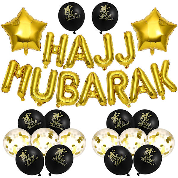 HAJJ MUBARAK -kirjainilmapallot, koristeelliset juhlataustan asetteluballot Eid Al-Fitr -juhliin (musta ja kulta)