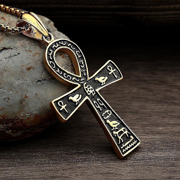 Moderne oldtidsegyptiske Ankh-kors halskæde til mænd i rustfrit stål i guld/sølvfarve Biker-vedhæng Amulet-smykker Style G 70cm