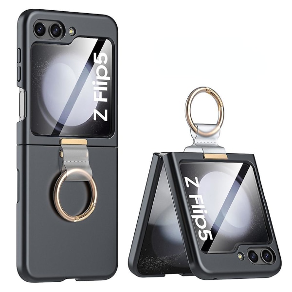 Z Flip 5 case ja näytönsuoja takana, yhteensopiva case Samsung Galaxy Z Flip 5 sormustelineellä Ultraohut Black