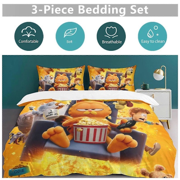x6 Garfield -pussilakanasetti, mikrokuituinen vuodevaatesetti, 3D-painettu kevyt 3-osainen peittosetti, 1 pussilakana ja 2 tyynyliinaa lapsille, pojille ja tytöille 135x200cm 53x78in