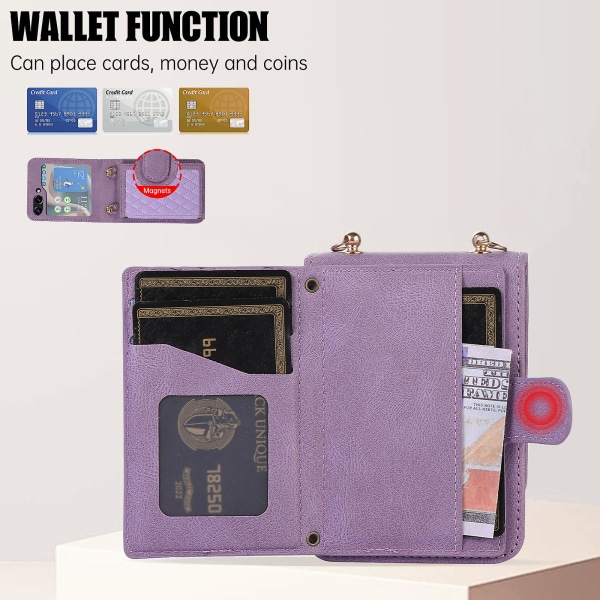 Crossbody-lommeboktelefondeksel for Samsung Galaxy Z Flip 5 med kortholderrem Purple