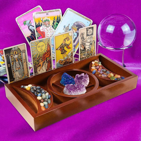 Puinen tarot-korttiteline, kristallikivinen kuu- ja tähtikuvioinen esittelyjärjestäjä