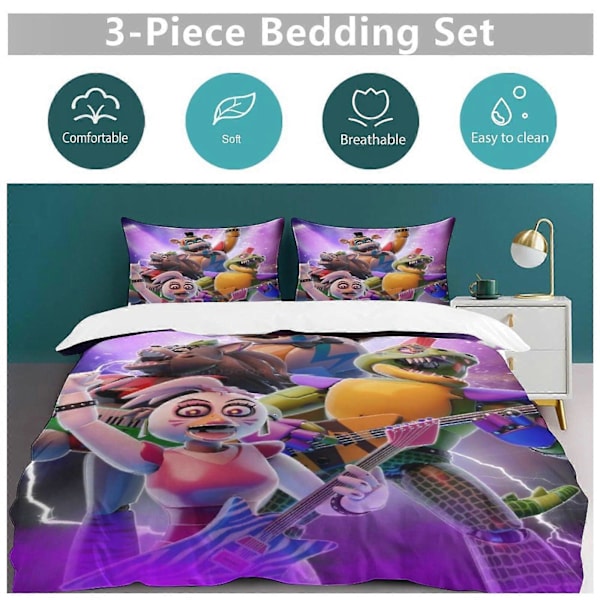 x285 Five Nights at Freddy's Dynebetræk Mikrofiber Sengelinned Sæt 3D Printet Letvægts 3 Dele Dynesæt, 1 Dynebetræk og 2 Pudebetræk 240x260cm 94x102in