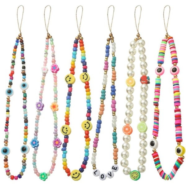 6st Phone Beaded Chain Charm Lanyard Pearl Lettter Beaded Cell Phone Chain Six Pack
