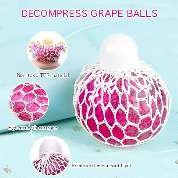 Klemmebold med net, pakke med 4 bløde mesh-bolde, klemmebold i net, glitter, stressbold fidget-legetøj, anti-stress-legetøj