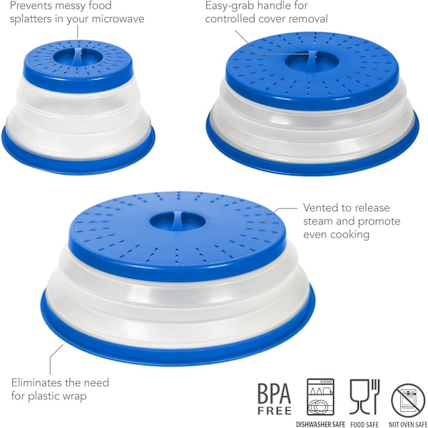 Tovolo sammenklappelig mikrobølgeovnsdæksel i medium størrelse (antracit) - Stænkskærm og si til køkkenet til mad og måltidsforberedelse / Tåler opvaskemaskine, BPA-fri Stratus Blue Set of 3