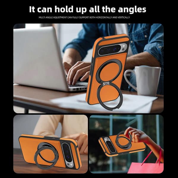 Compatible with Google Pixel 10 Pro XL Case with Ring Stand Compatible with MagSafe PU Leather Back Orange Orange Orange