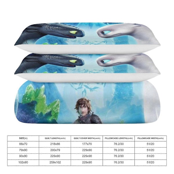 v19 How to Train Your Dragon 3-delt Sengetøysett Dynetrekksett Mykt Varmt og Komfortabelt Mykt Sengesett med 1 Dynetrekk og 2 Putetrekk for Soverom 200x200cm 78x78in