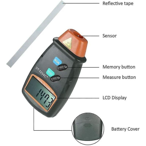 Digitalt turteller, berøringsfri turteller, LCD digitalt turteller, 2,5 rpm-99,999 rpm turtellerområde, med 3 reflekterende strimler og blå stoffpose