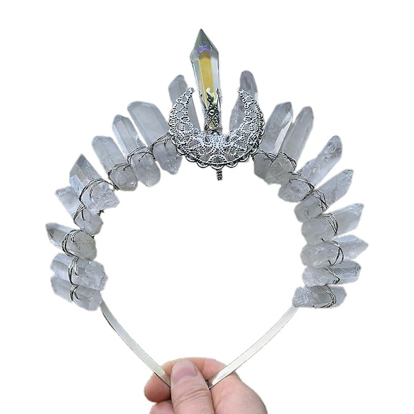 Boho Klar For Rå Krystall Hodebånd Krone Med Hul Måne Tiara Brud Aura Hår White