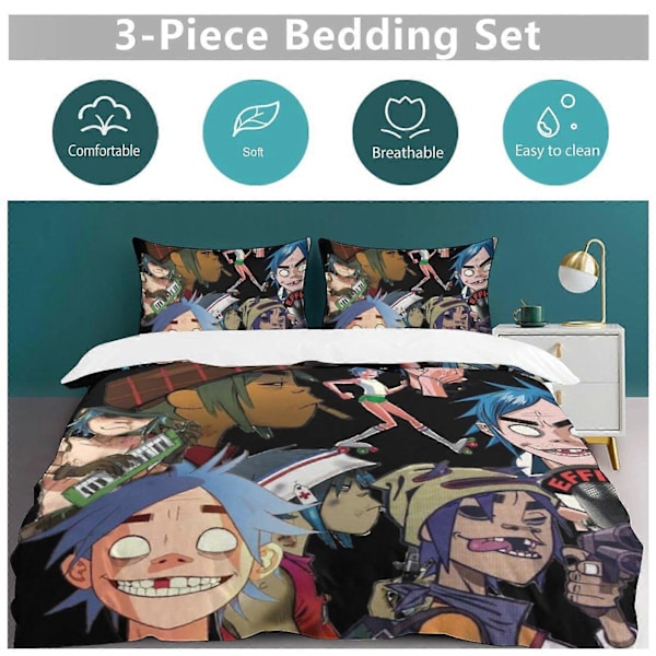 x203 Gorillaz 3-osainen vuodevaatesetti Lämmin ja mukava pehmeä pussilakanasetti, jossa 1 pussilakana ja 2 tyynyliinaa makuuhuoneeseen b203 135x200cm 53x78in