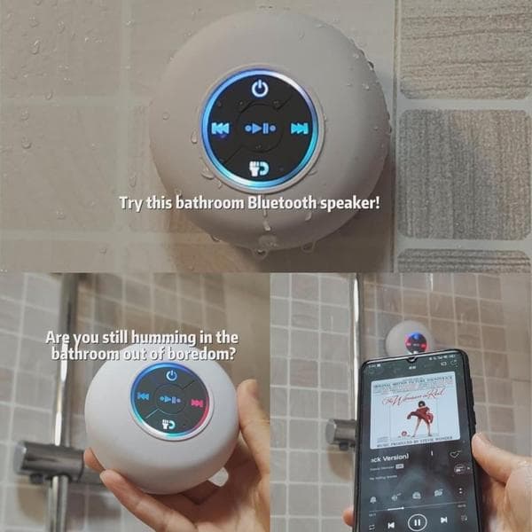 Waterproof Speaker for Shower - Bluetooth with LED, IPX4, Portable Mini Speaker with Suction Cup and Built-in Microphone White white