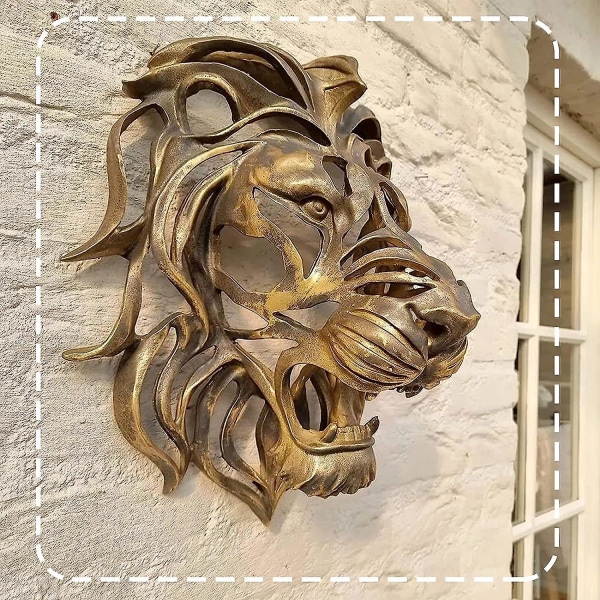 Sällsynt fynd, stort lejonhuvud väggkonst, 3d harts lejonhuvud skulptur Guld lejonhuvud staty lejonhuvud konst väggdekoration S 16x12x21cm