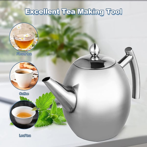 Rustfrit tekande i rustfrit stål til fremstilling af te, kaffedrikke, varmt vand, 1,5 l rustfrit stål vandkande