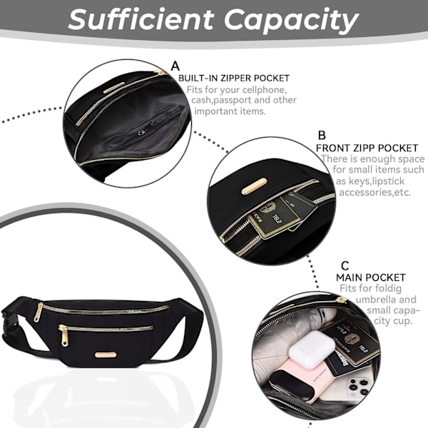 Fanny Pack Muodikas vyölaukku Rentouttava matkavatsalaukku 3 vetoketjutaskulla naisille ja miehille urheilujuoksu vaellus (Musta)