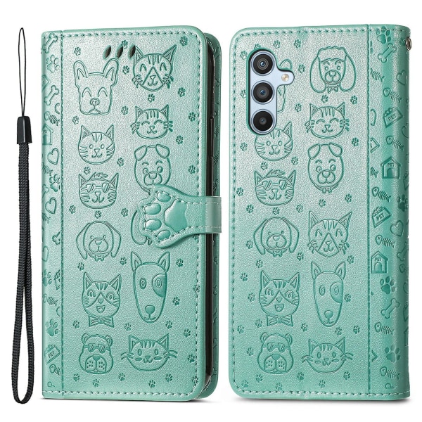 För Samsung Galaxy A54 5g Pu-läder cover Imprinted Cat Hund Mönster anti-scratch Phone Stand Case Green